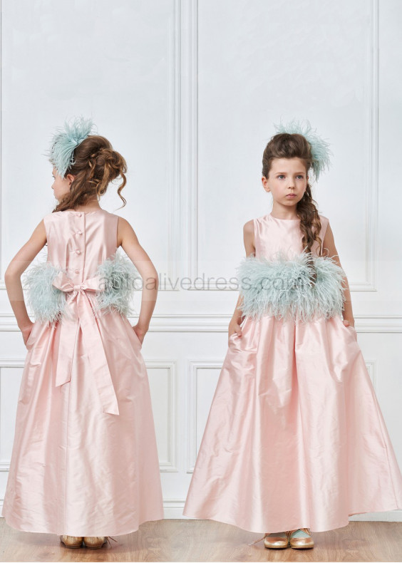 Pink Taffeta Ankle Length Wedding Flower Girl Dress With Feathers